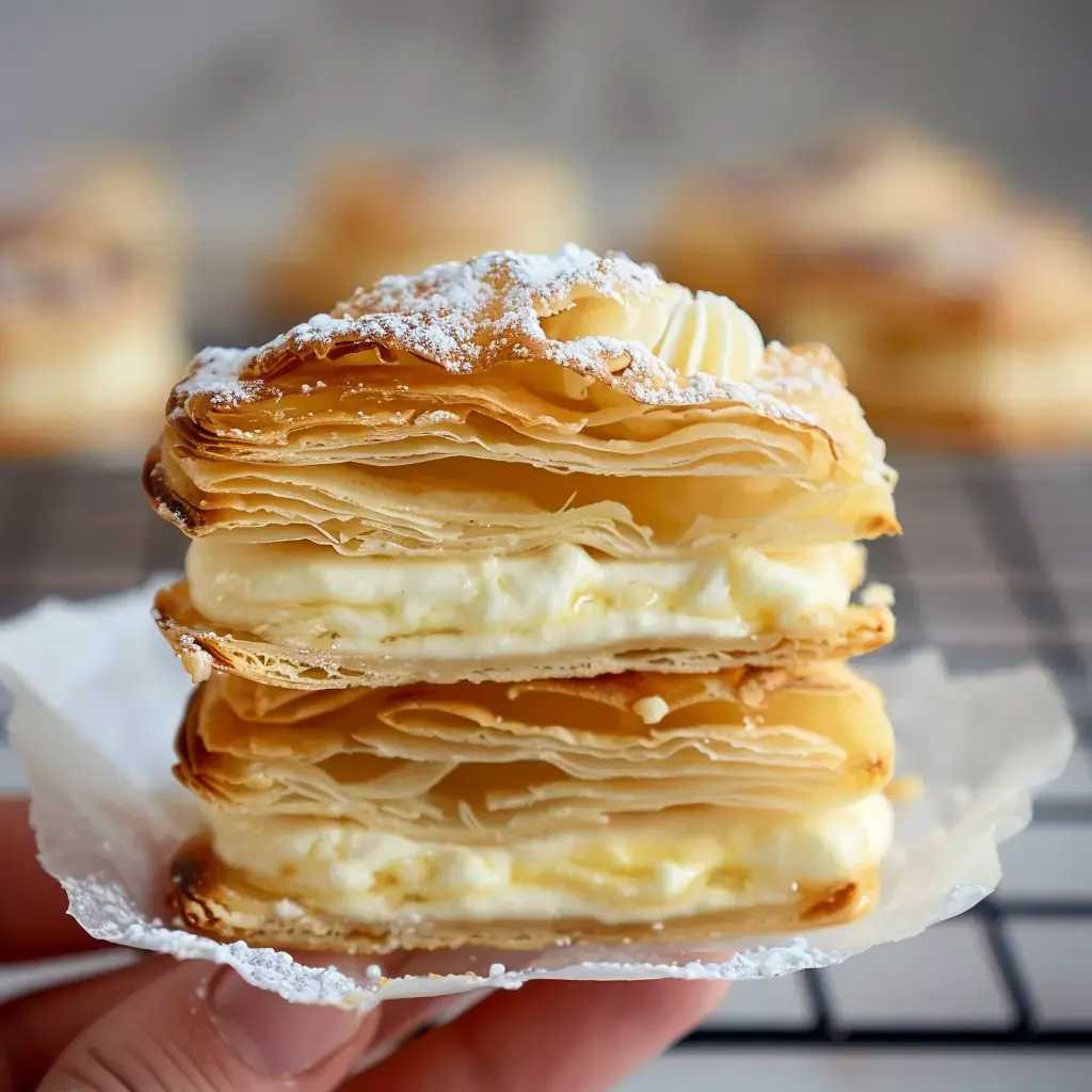 Un pâtissier tient une part de millefeuille faite de couches de pâte croustillante et crème vanille, avec sucre glace dessus.