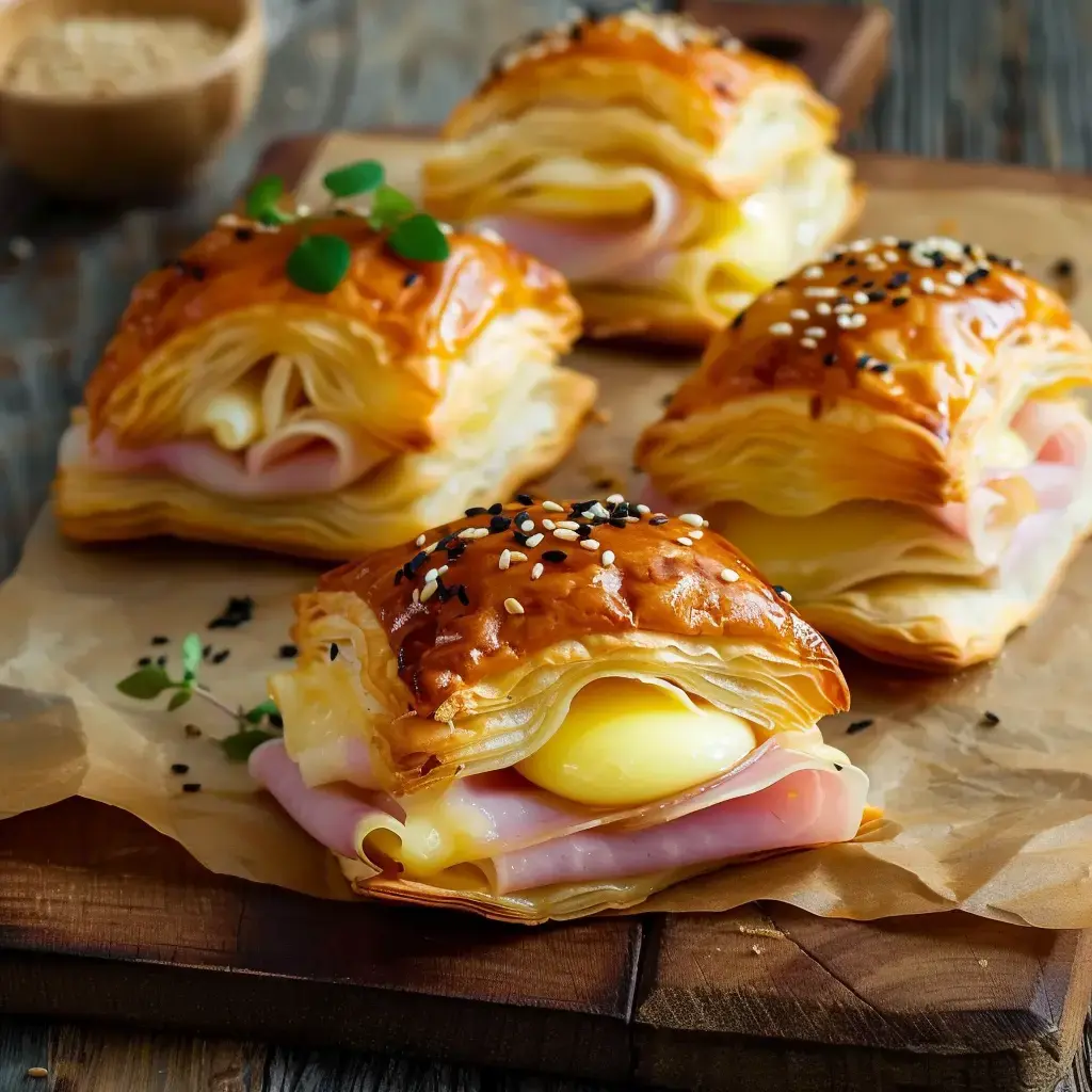 Petites bouchées dorées au jambon et fromage avec un jaune d’œuf visible, présentées sur une planche en bois.
