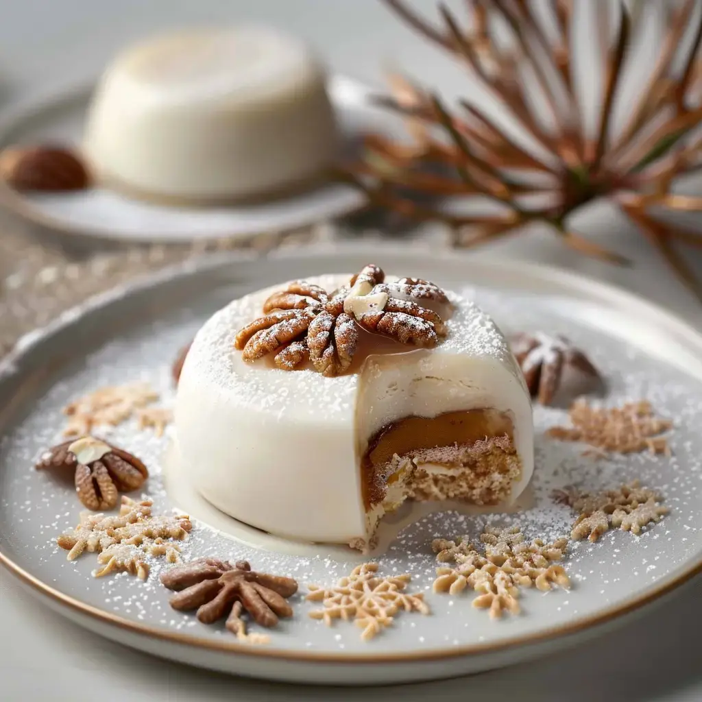 Un dessert à étages, décoré de noix de pécan et neige sucrée, mêlant mousse légère et caramel brillant.