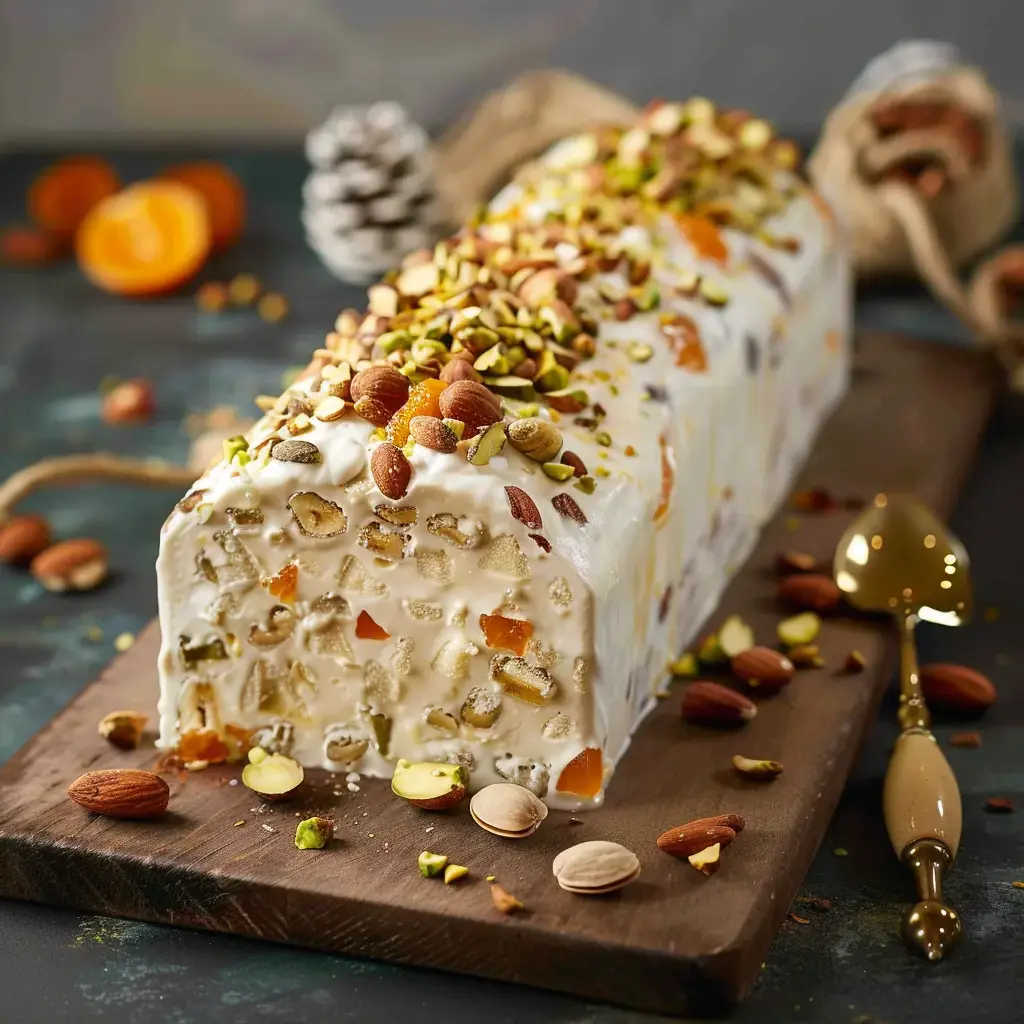 Une bûche glacée bien garnie de fruits secs sur une planche en bois avec des pistaches visibles.