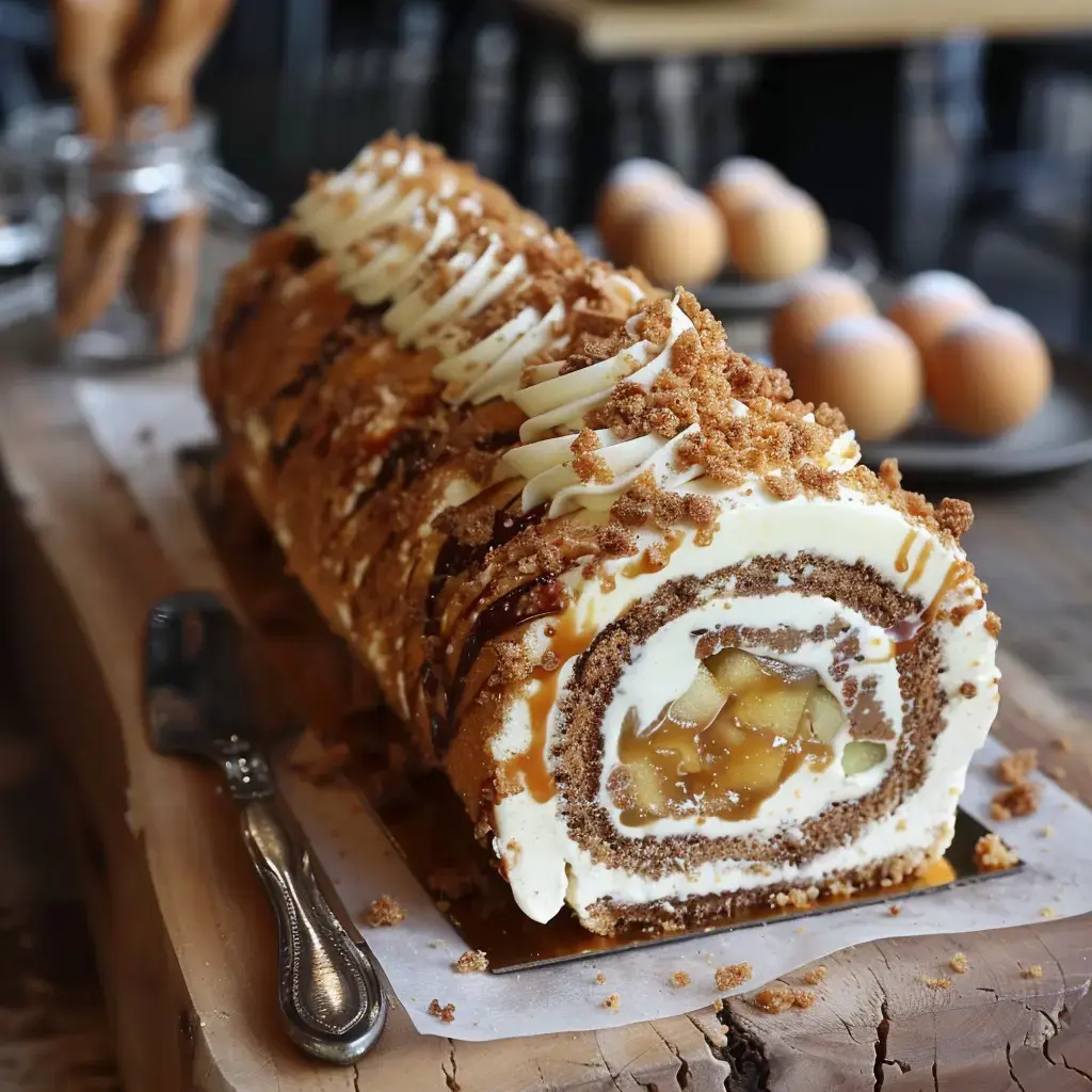 Un dessert roulé tout simple avec de la crème, des dés de pomme, du caramel et des miettes croquantes.