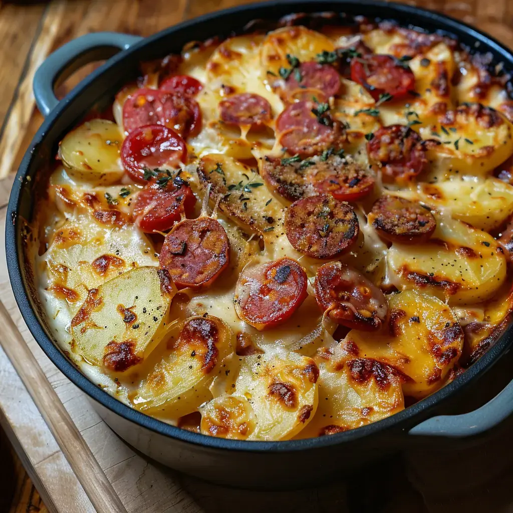 Délicieux gratin doré avec pommes de terre, fromage fondant et chorizo, servi dans un plat rustique.