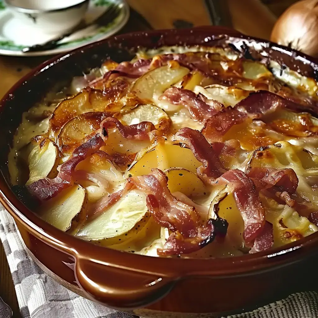 Des pommes de terre gratinées avec du bacon, servies dans un grand plat en céramique.