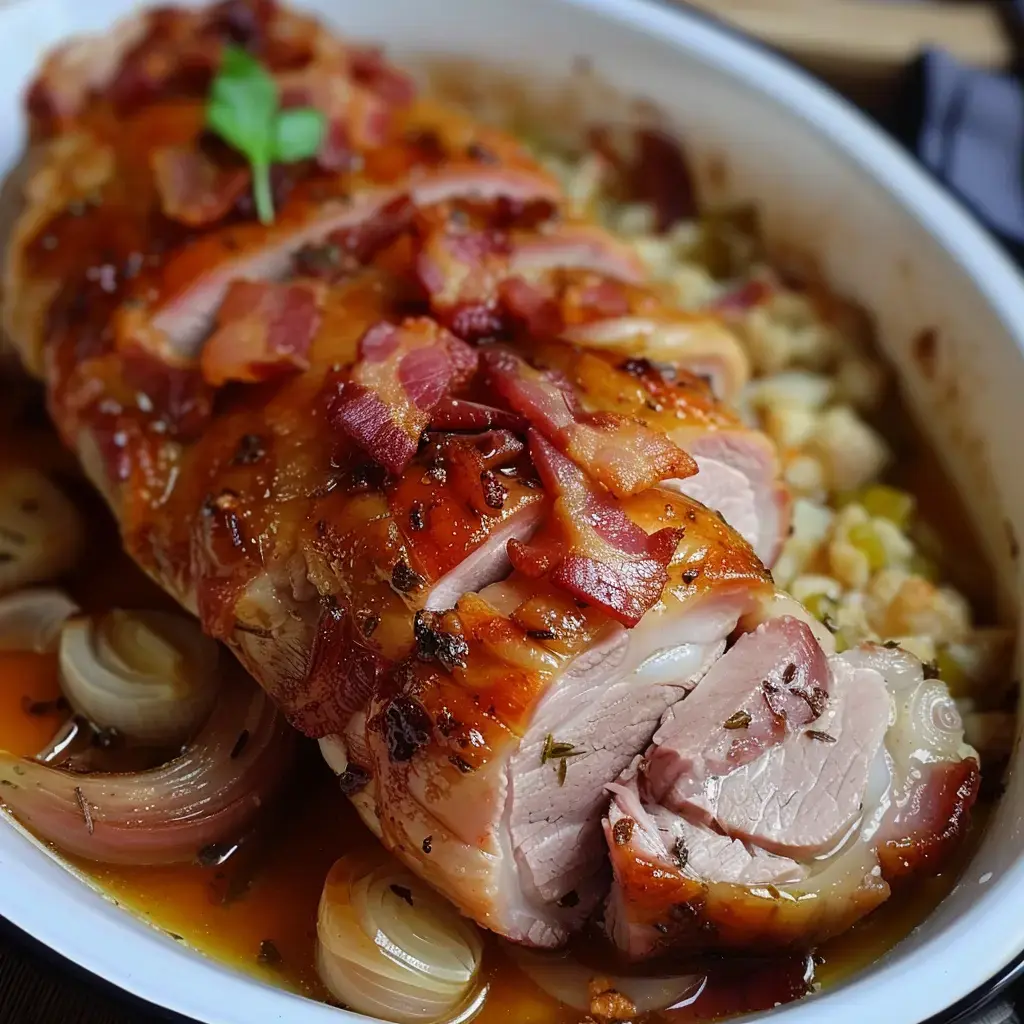 Porc rôti entouré de lard, petits oignons caramélisés, et légumes colorés dans un grand plat familial.