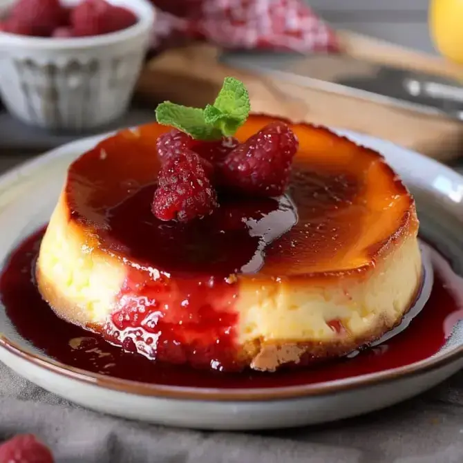 Un dessert au Skyr entouré de framboises, sauce rouge et une feuille de menthe posée dessus, dans une assiette.