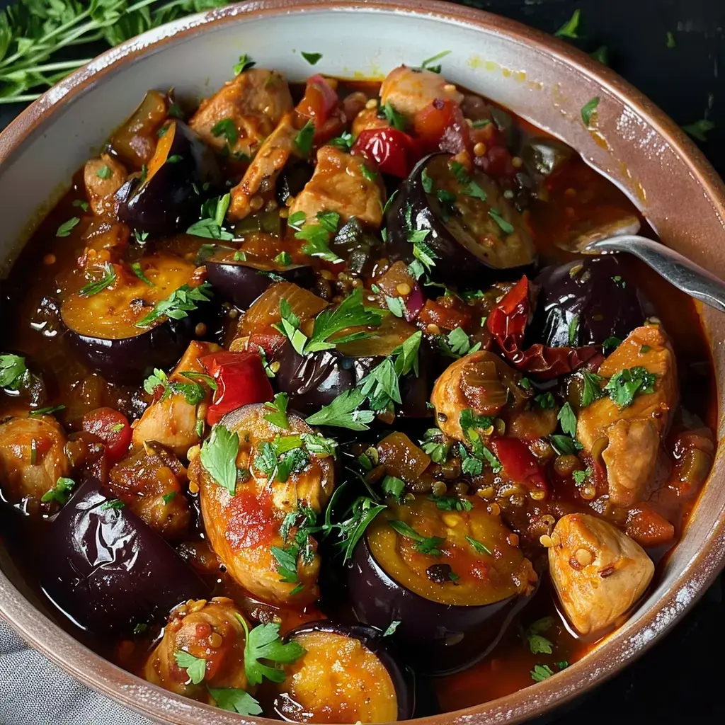 Du poulet avec aubergines, tomate et coriandre, bien mijotés dans une sauce épicée et parfumée.