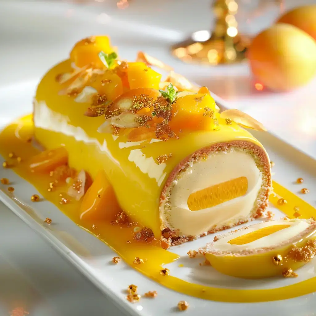 Dessert glacé, bûche avec mangue, amandes et coulis, posé sur un plat joli.