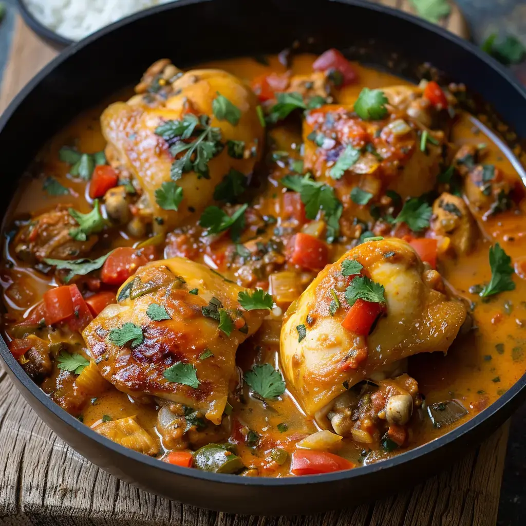 Un bon poulet mijoté, légumes colorés, herbes fraîches, nappé d’une sauce coco bien épaisse et relevée.