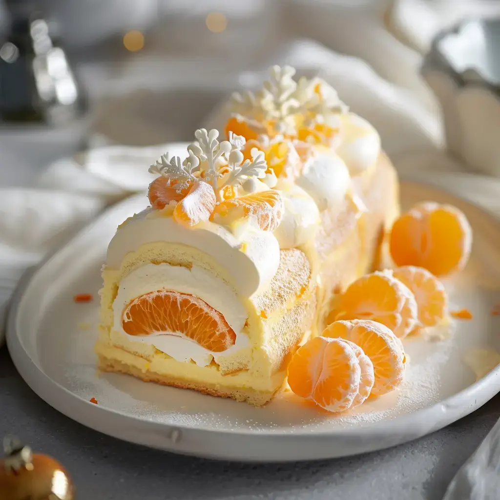 Bûche de Noël recouverte de crème, agrémentée de quartiers d’orange et de décorations sucrées en flocon.