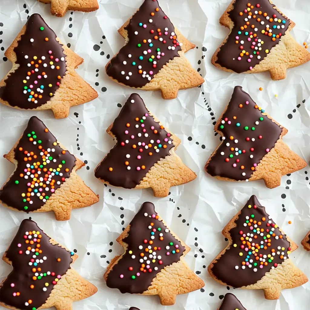 Petits biscuits sapin nappés de chocolat noir et de jolis vermicelles colorés.