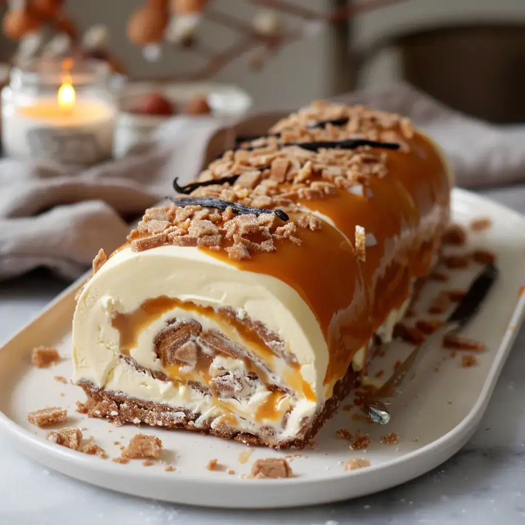 Un dessert glacé tout en douceur, avec vanille, caramel et éclats de biscuit sur le dessus.