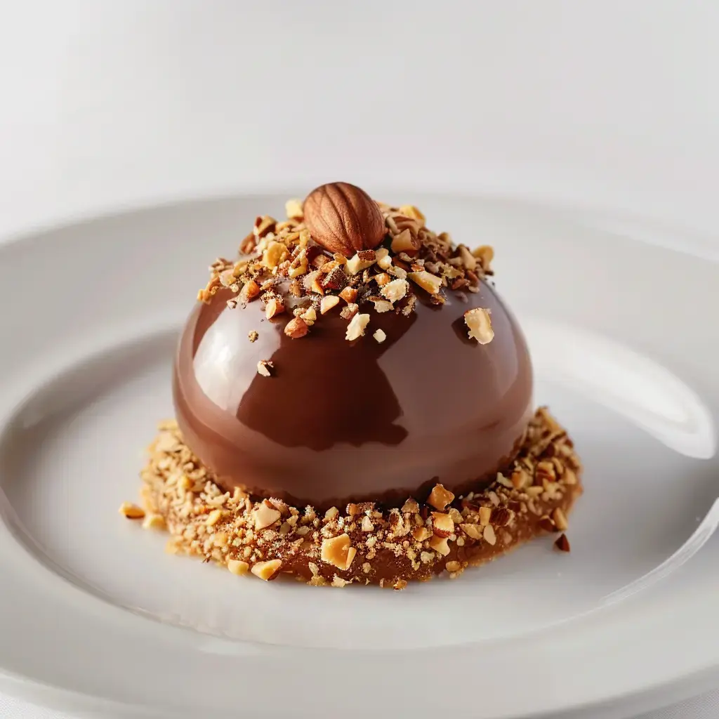 Joli dôme en chocolat, super gourmand, garni de noix et posé sur une base pralinée croustillante.