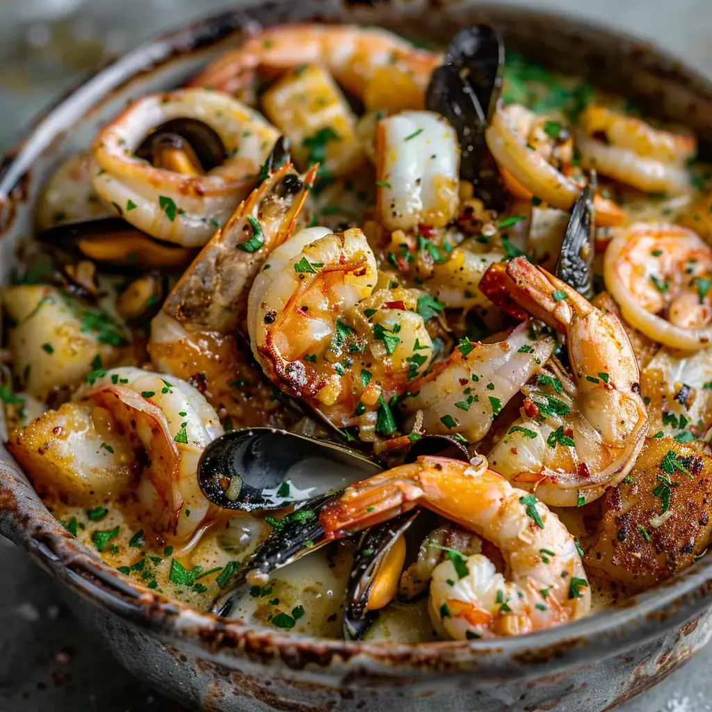 Un grand plat de fruits de mer dorés — crevettes, moules, poisson, persil.