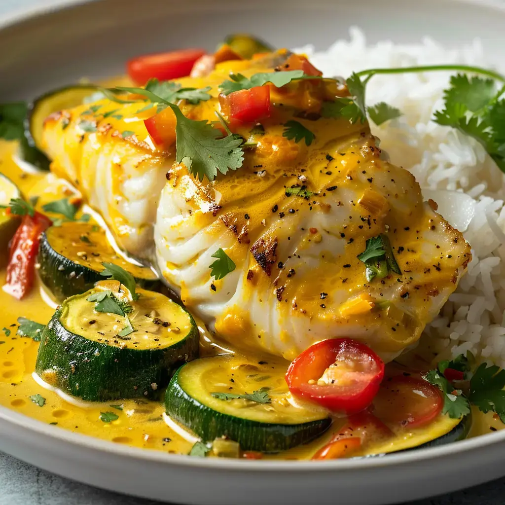 Une assiette de poisson nappée d’une sauce colorée, accompagnée de courgettes, riz, tomates et coriandre fraîche.