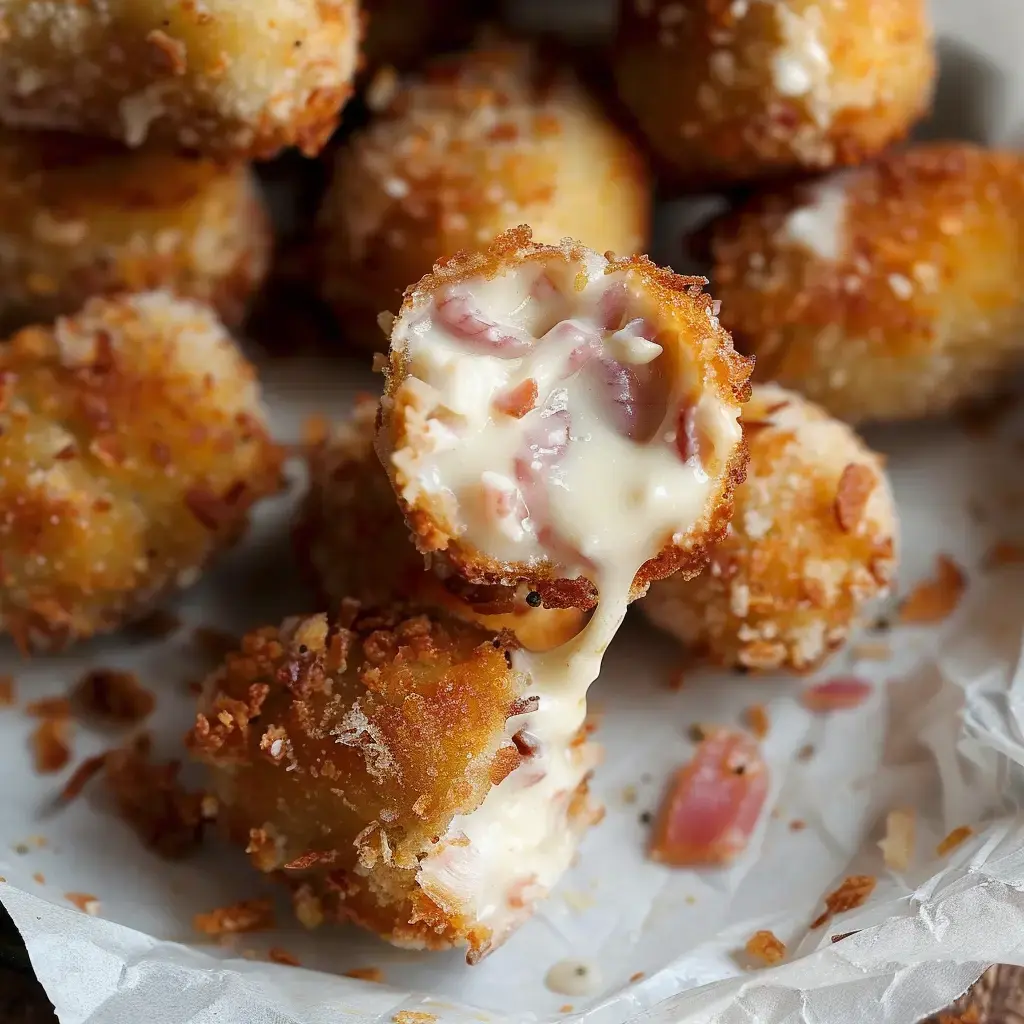 Croquettes dorées ouvertes qui laissent voir un cœur de béchamel au jambon.