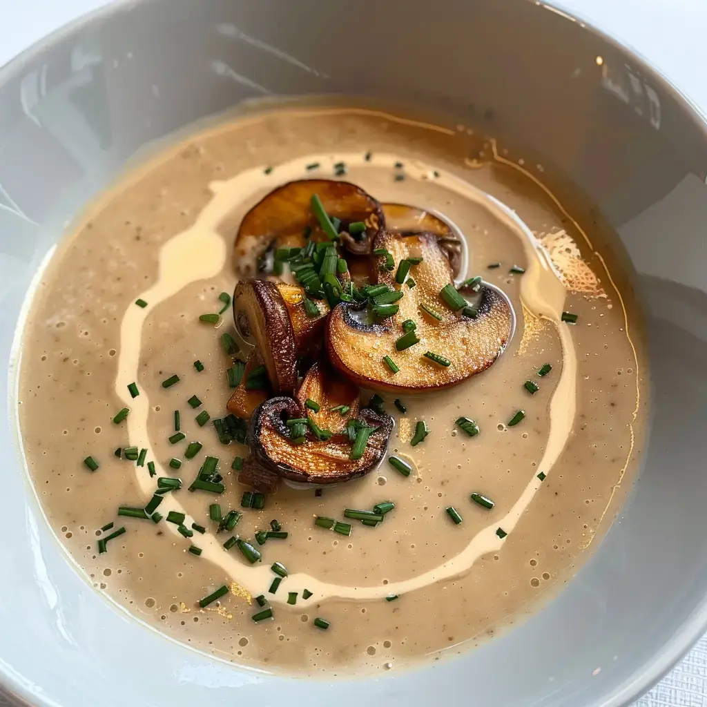 Une soupe de champignons toute crémeuse, avec de la ciboulette dessus.