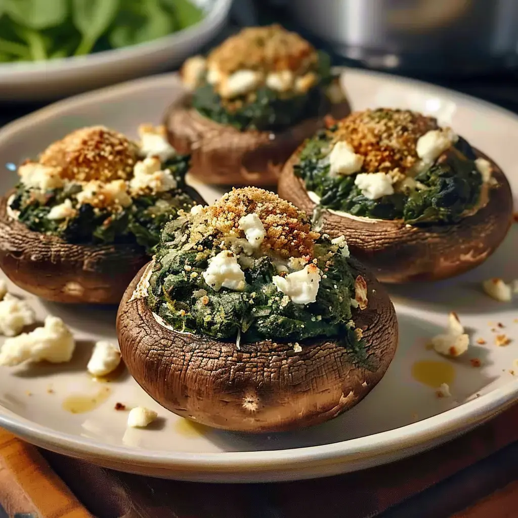 Champignons bien farcis aux épinards et fromage, avec panko dorée, posés sur une assiette.