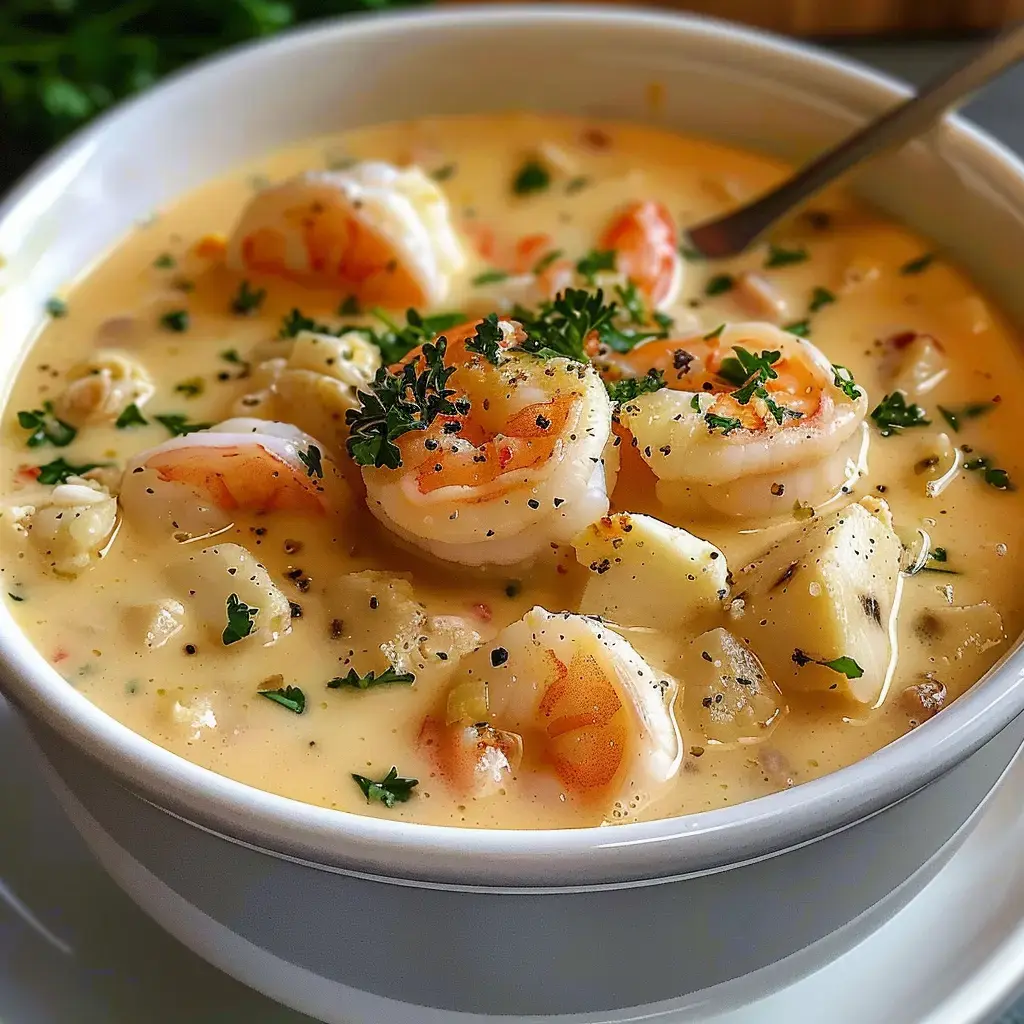 Bol plein de soupe aux crevettes et pommes de terre, parsemé de persil et de poivre.
