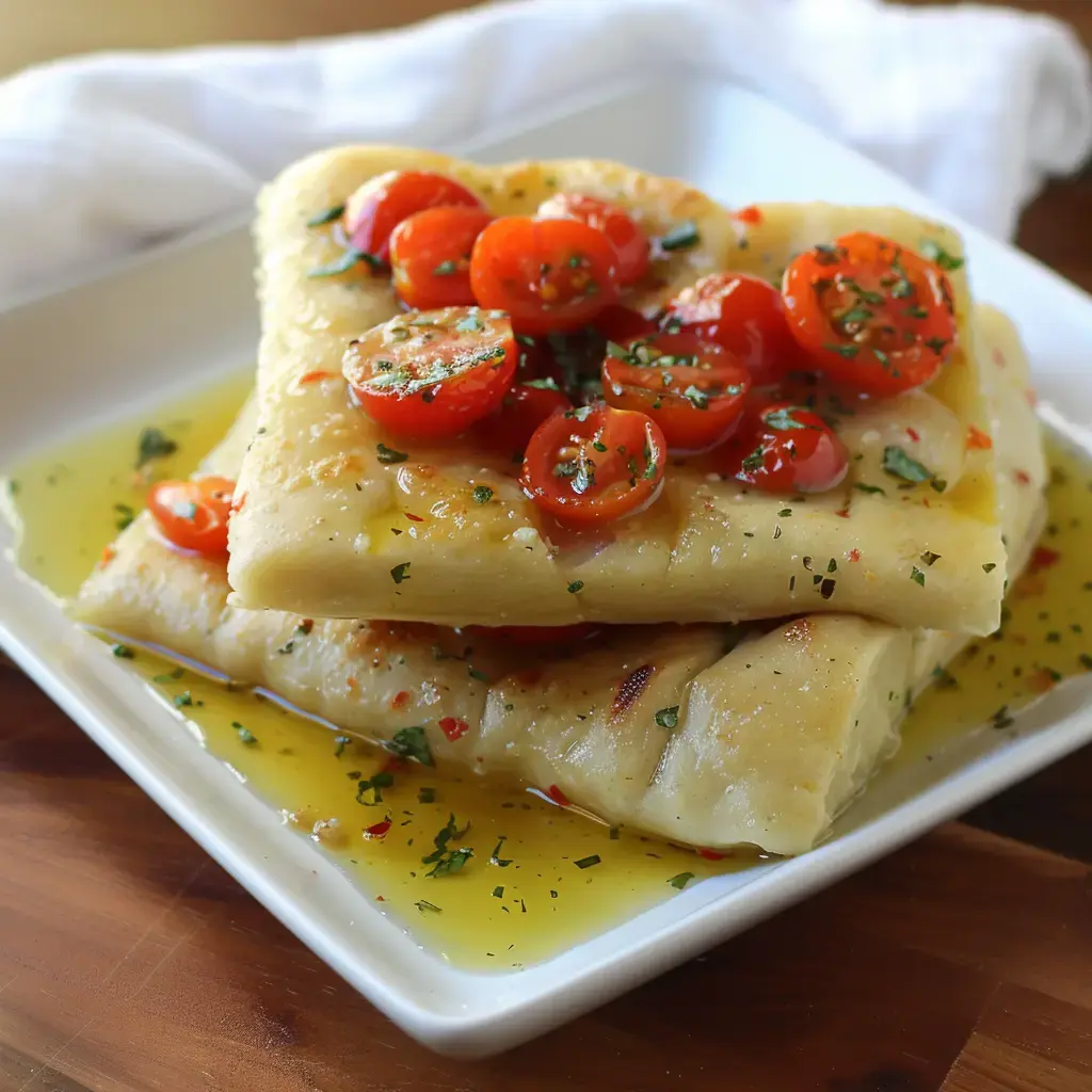 Pain plat italien avec tomates cerises et herbes, servi avec de l’huile d’olive dans une assiette.