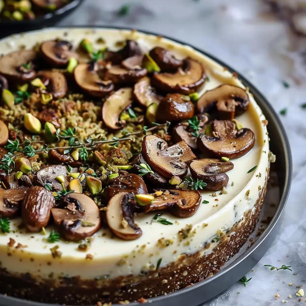 Un gâteau salé avec champignons poêlés, pistaches grillées et thym sur une base dorée.