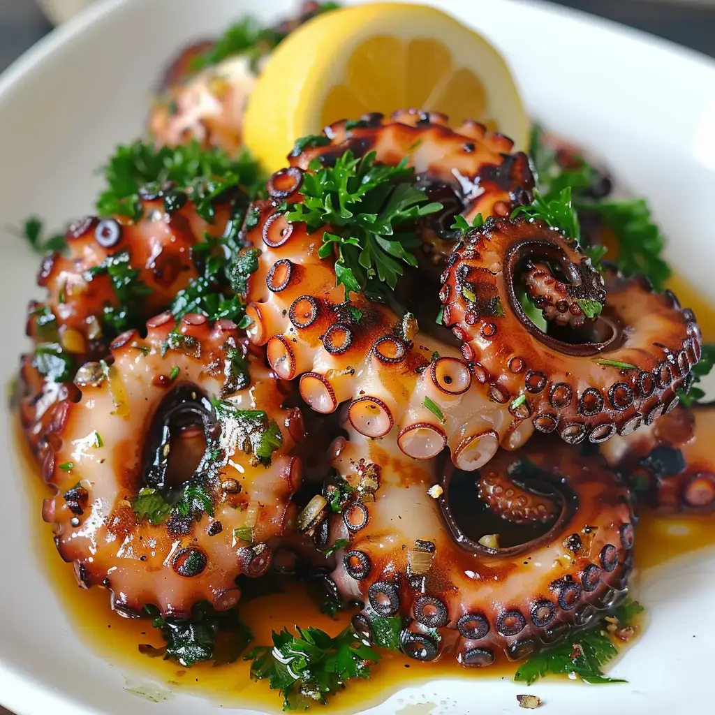Des morceaux de poulpe joliment grillés, du persil et du citron à côté dans l’assiette.