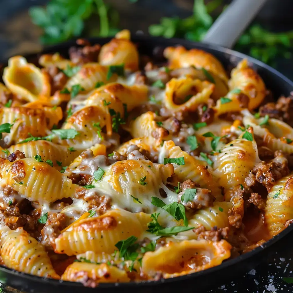 Assiette de coquilles moelleuses avec viande hachée, fromage fondu et persil, servie à la poêle.