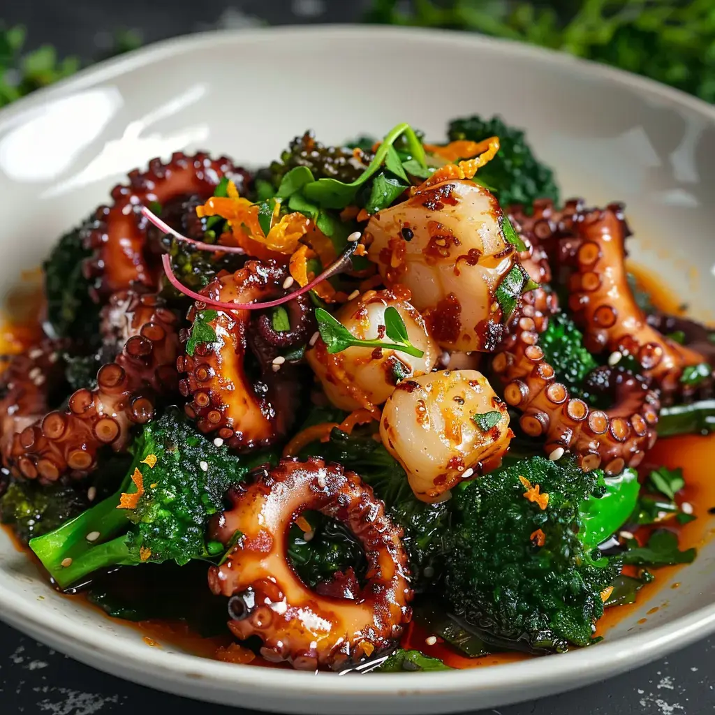 Assiette de poulpe grillé avec brocoli, zestes d’orange et herbes fraîches dans une sauce pleine de goût.