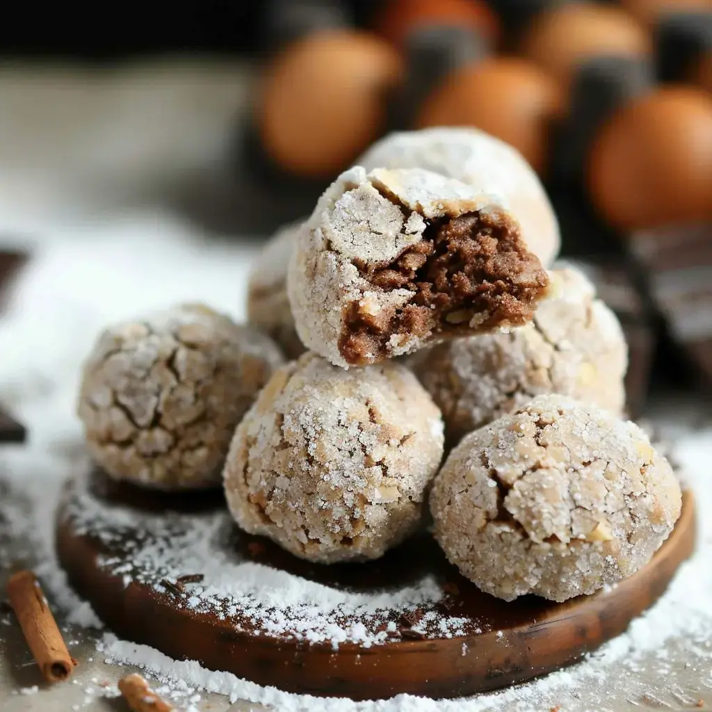 Petits biscuits empilés, enrobés de sucre glace, avec une bouchée pour montrer la pâte chocolatée.