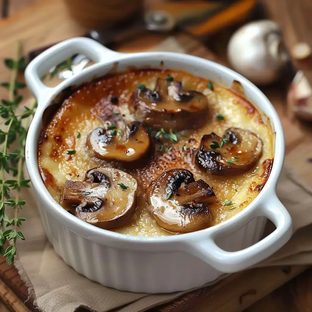 Une poêlée de pommes de terre gratinée avec des champignons dorés et des herbes fraîches, tout juste sortie d'un plat blanc en céramique.