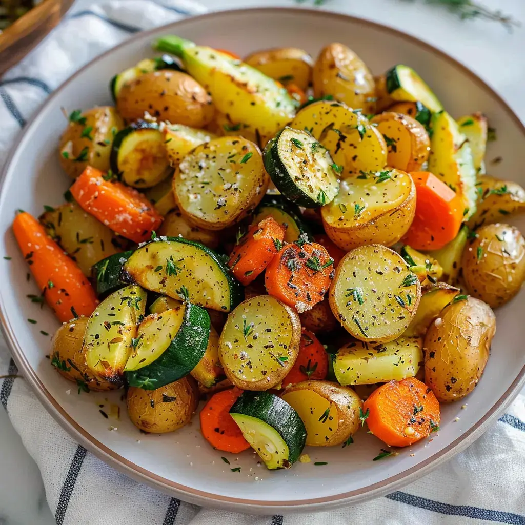 Bol de légumes rôtis avec carottes, patates et courgettes, poivré et parfumé au thym.