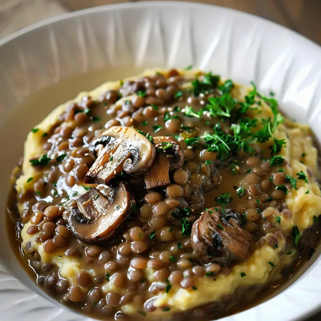 Un bol rempli de lentilles en sauce avec champignons, des tranches de purée de pommes de terre à côté et un peu de persil frais dessus.