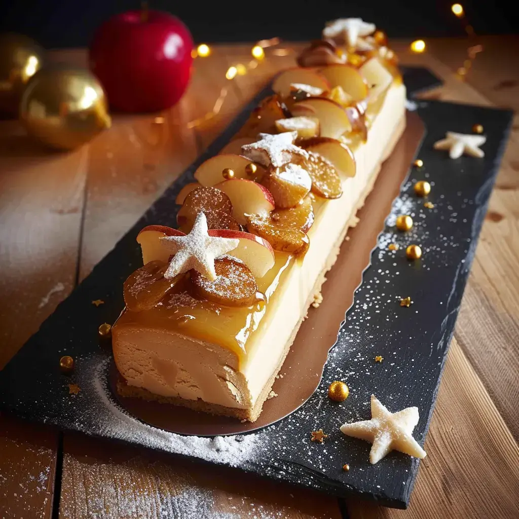 De jolies tranches de pomme, caramel coulant et étoiles sur une bûche, posée sur une assiette noire, or en fond.