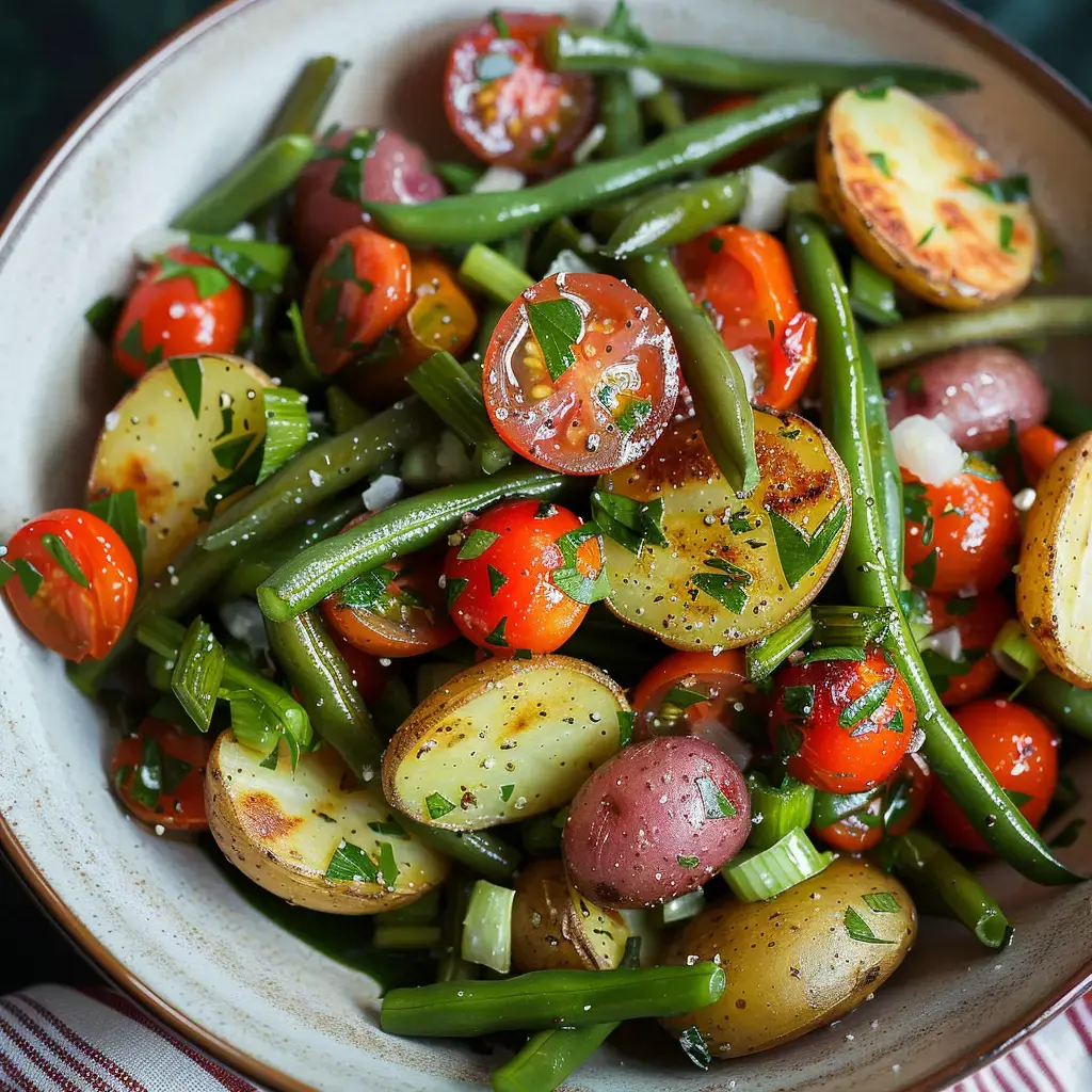Assiette garnie de haricots verts, pommes de terre, tomates cerises et persil, tout en couleurs.