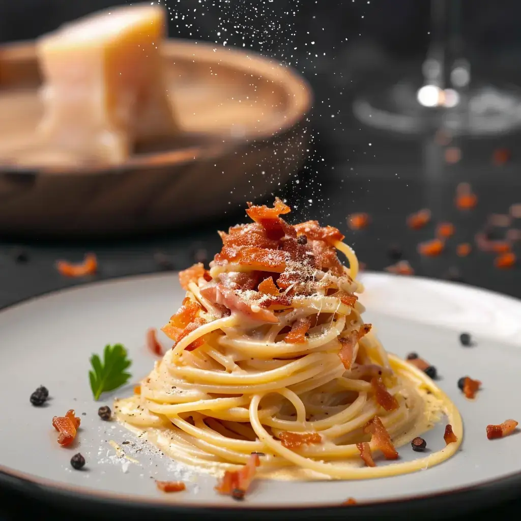 Des spaghettis nappés de fromage fondant et de guanciale grillé, posés sur une assiette blanche, un peu de persil par-dessus.