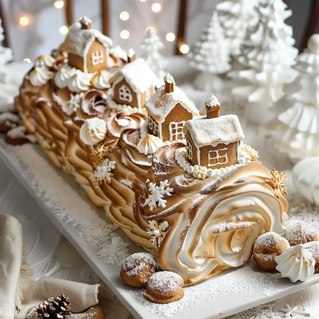 Bûche de Noël garnie de petites maisons en pain d’épice et entourée de crêpes façon neige, avec des flocons et des bonbons tout autour.