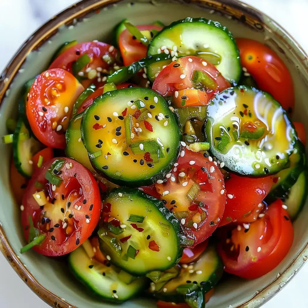 Des rondelles de concombre et des tomates cerises avec petits oignons, sésame et un peu de piment, tout coloré !
