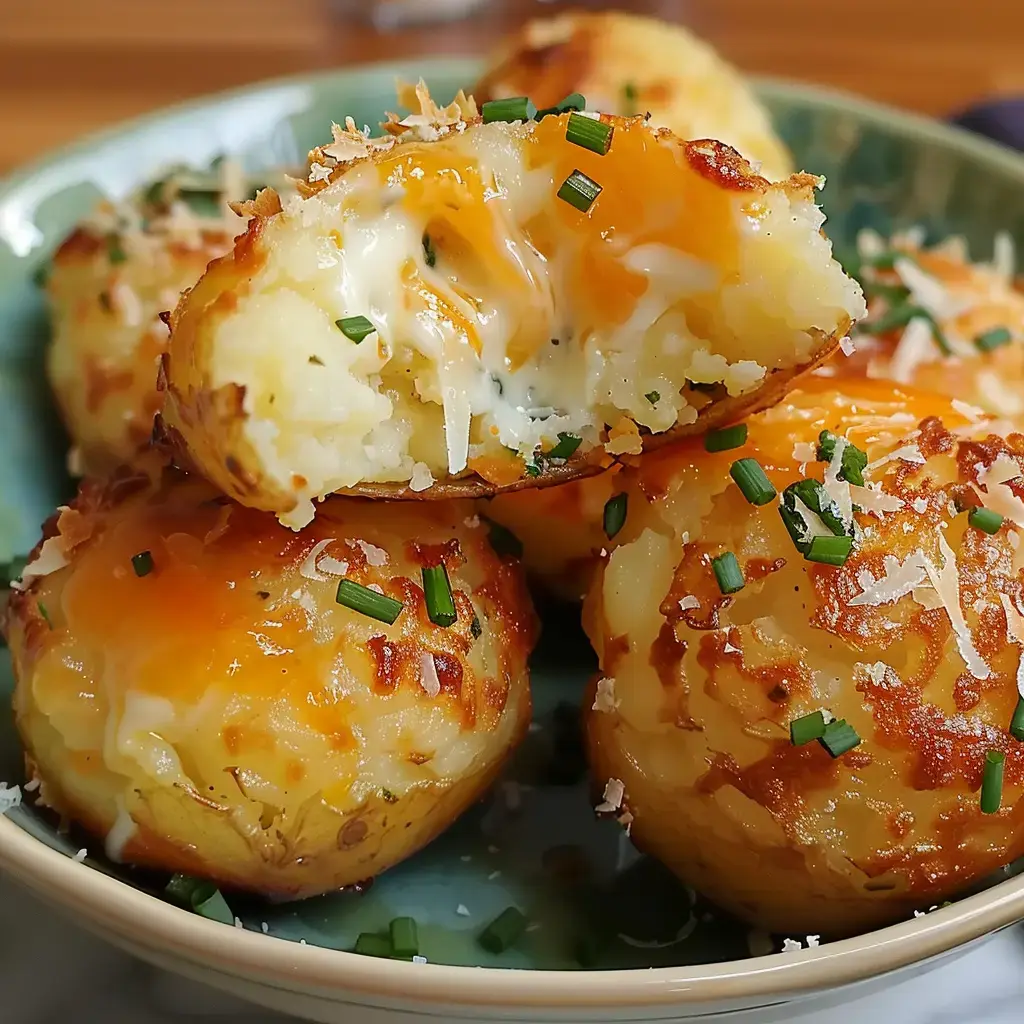 Petites boules dorées à la pomme de terre et fromage fondant, saupoudrées de ciboulette sur une assiette.