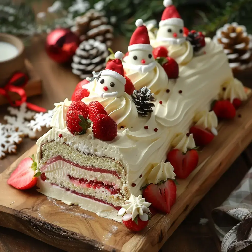 Sur un plateau en bois, gâteau roulé de Noël orné de fausse neige, fraises, petits bonhommes en sucre et pommes de pin.