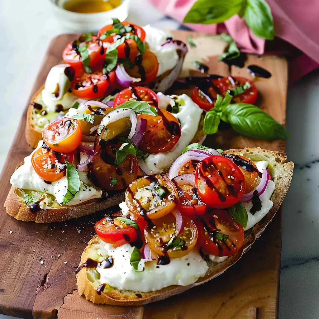 Des tranches de pain toastées, couvertes de mozzarella, de tomates rouges et jaunes, quelques oignons rouges, basilic frais et un filet de balsamique, le tout posé sur une planche.