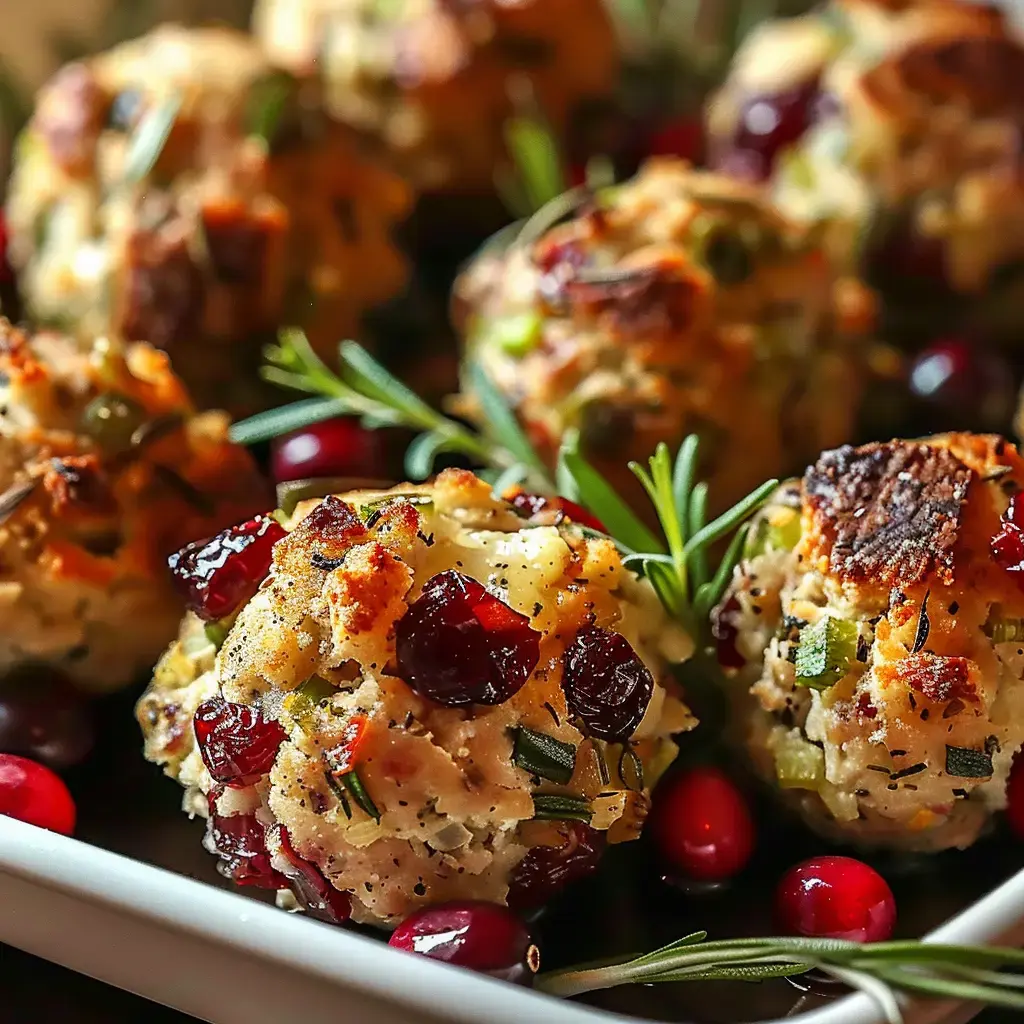 Des petites boules bien dorées, farcies de canneberges et d’herbes, posées sur un joli plat.