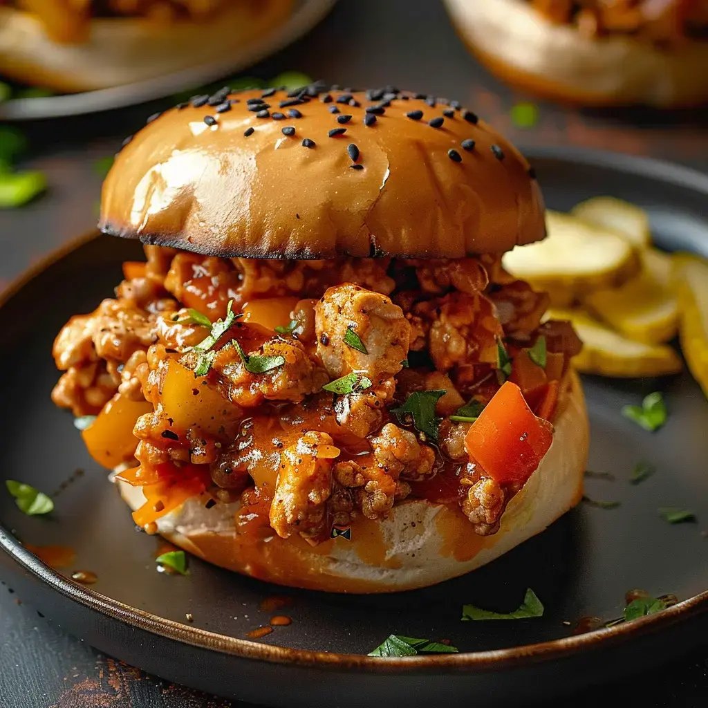 Un burger rempli de poulet cajun, légumes colorés et sauce tomate dans un pain aux graines de sésame.