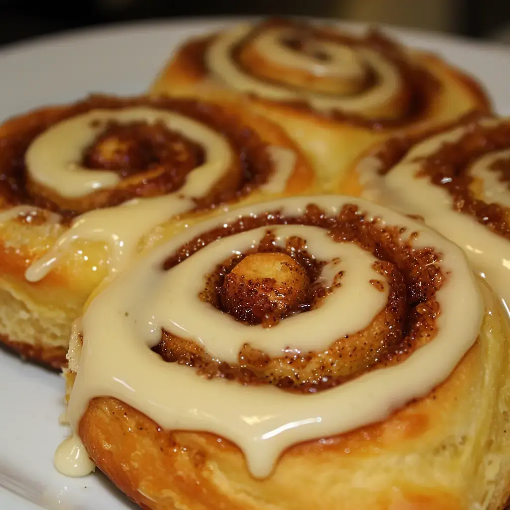 Petites brioches à la cannelle, nappées d’un glaçage épais, déposées sur une assiette.
