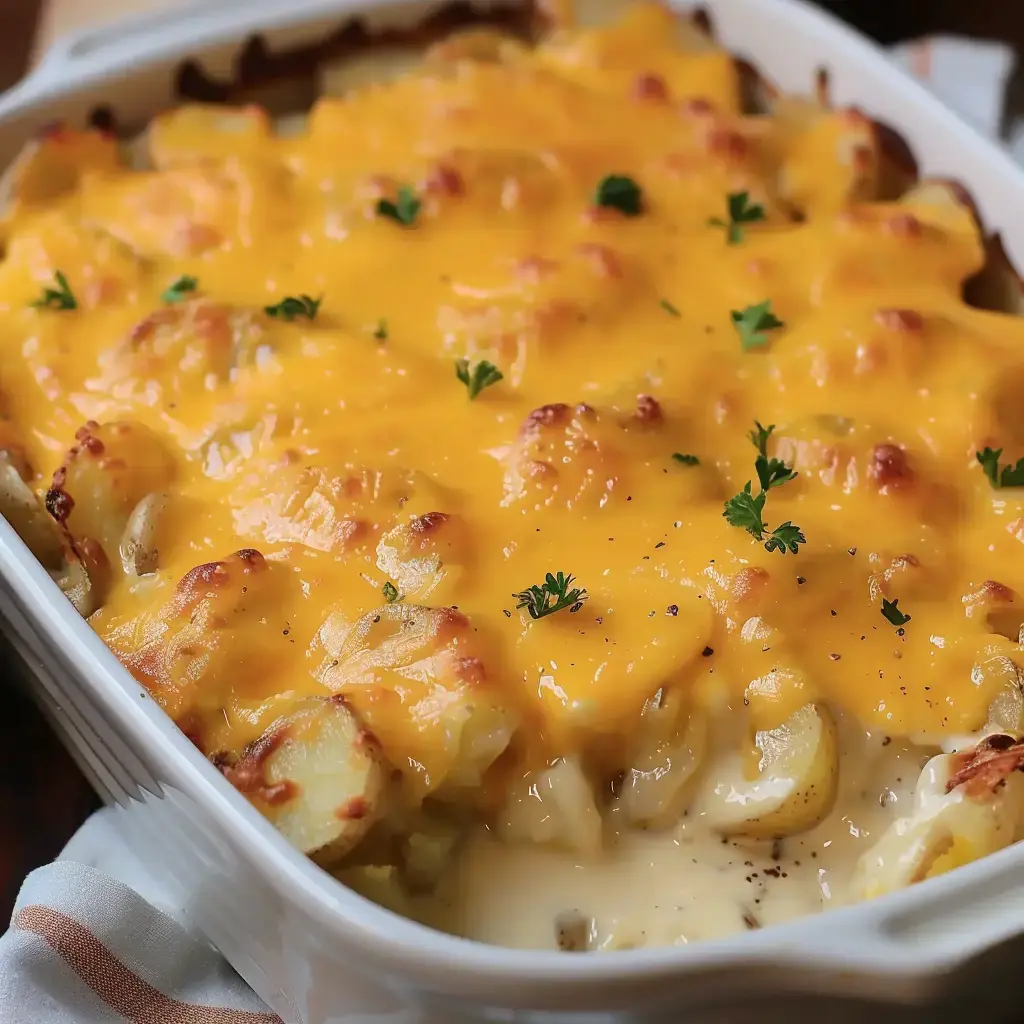 Pommes de terre gratinées au cheddar, bien dorées, avec une pointe de persil sur le dessus.