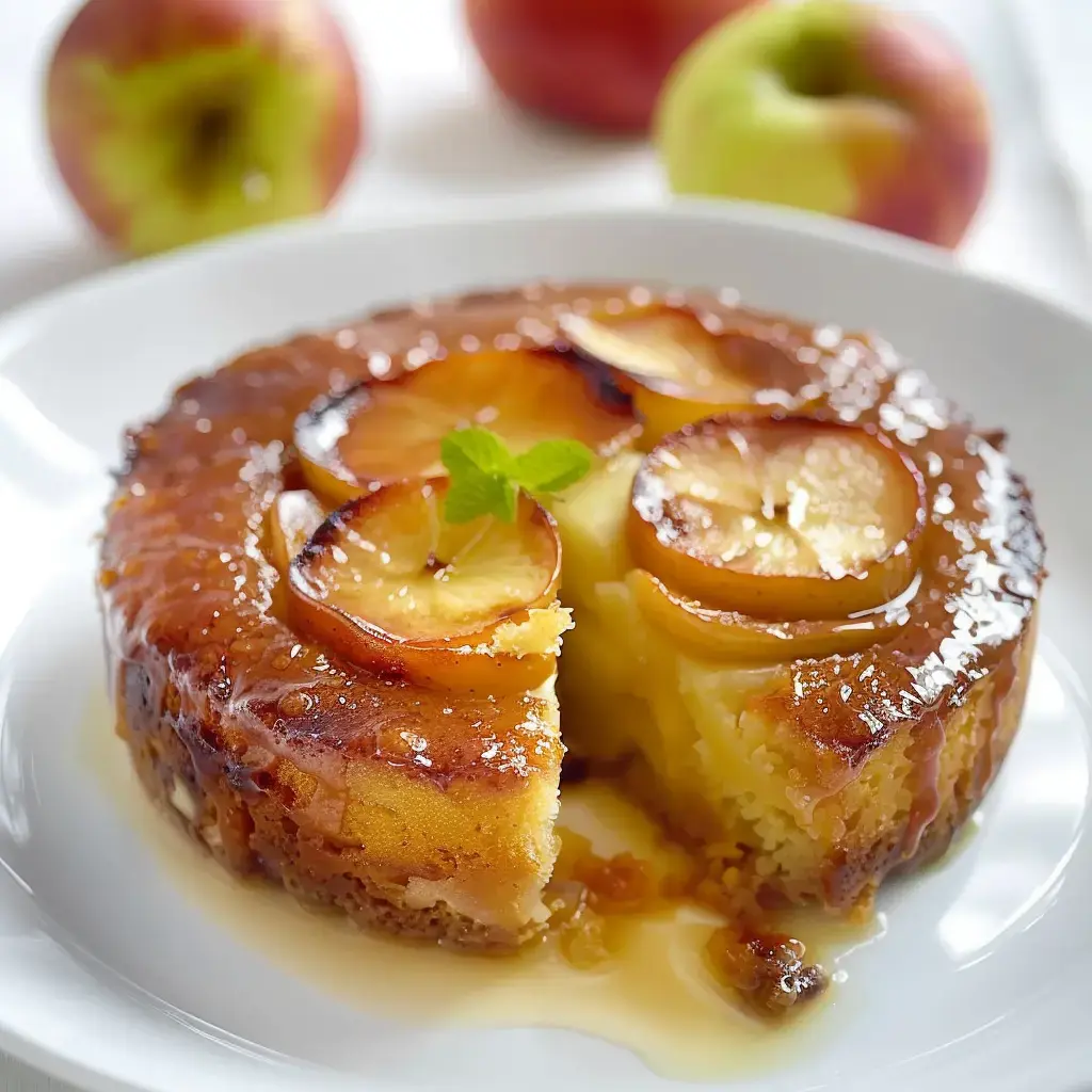 Tranches de pommes sur gâteau doré, servi sur assiette blanche, quelques pommes autour.