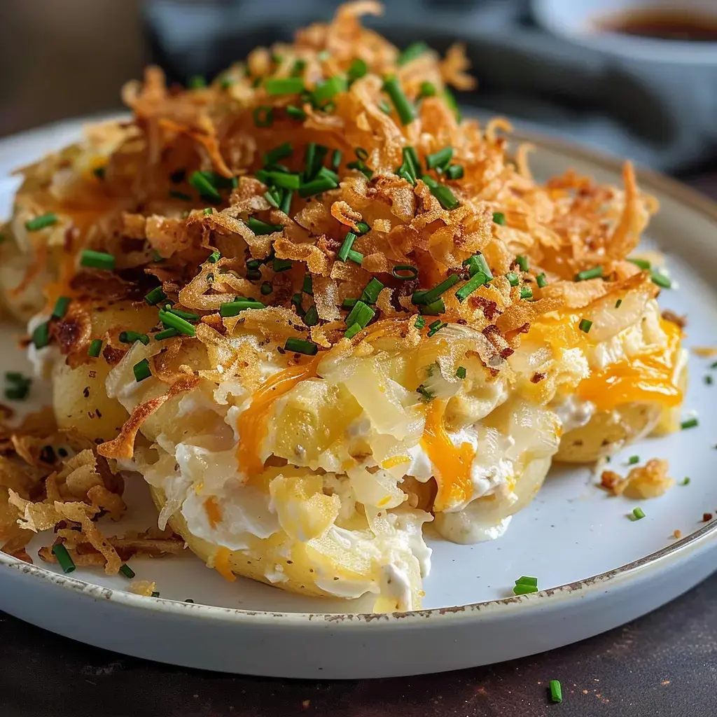 Pommes de terre gratinées avec fromage fondu, sauce crémeuse et oignons frits dorés, parsemées de ciboulette verte.