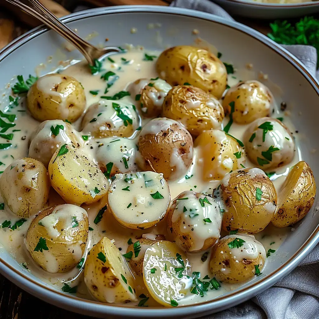 Des baby pommes rôties plongées dans une sauce onctueuse et parsemées de persil frais.