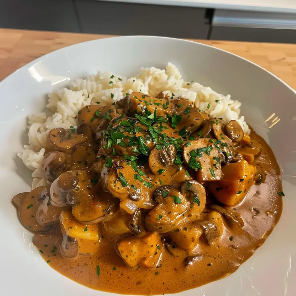 Un bol de pâtes tout crémeux avec champignons et légumes, frais et décoré de persil.