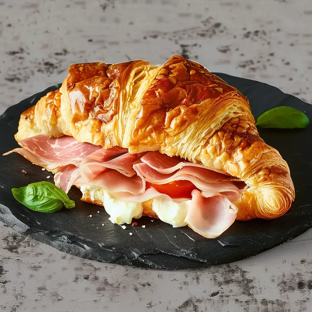 Un croissant tout chaud fourré de jambon, crème et tomates sur une assiette noire.