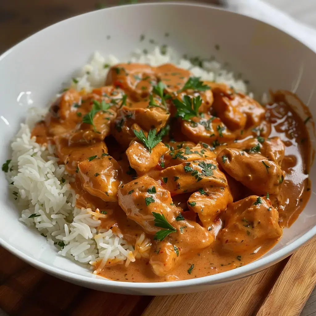 Dans une assiette, du poulet nappé de sauce onctueuse sur du riz blanc, avec du persil par-dessus.