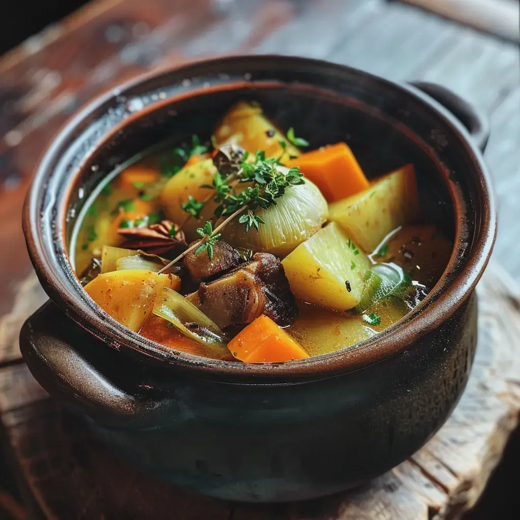 Un bol rempli de viande et légumes cuits à la vapeur, le tout au centre d'une table en bois.